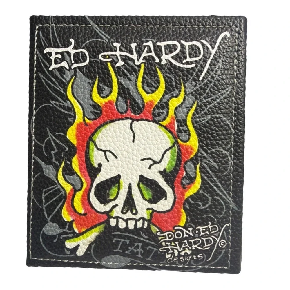 Ed Hardy Men's Black Wallet Bi-fold With Valet Tray PU Leather Eagle Tattoo New